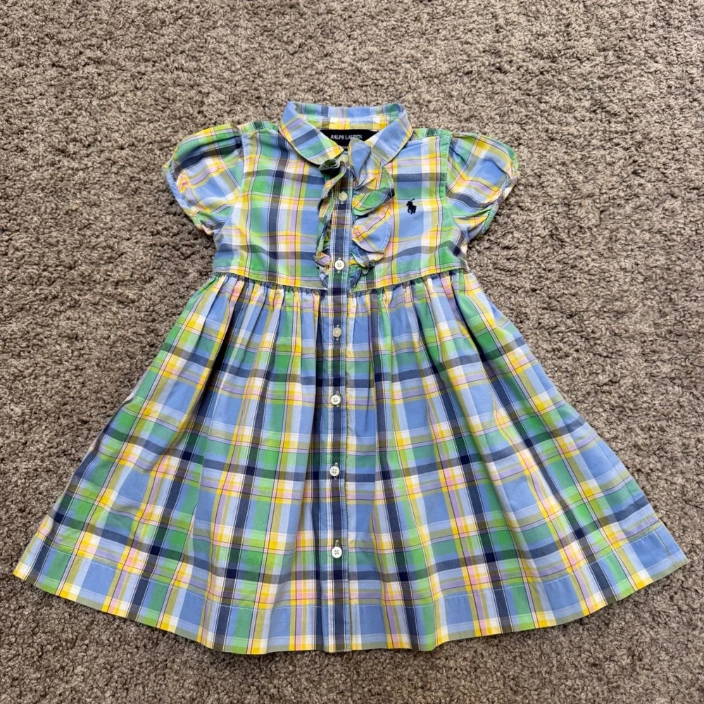 Excellent Ralph Lauren Plaid Ruffle Shirt Dress Tie Waist Pastel Girls Size 24M